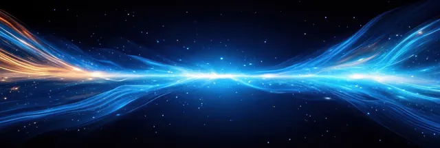 Glowing blue and orange energy streams converge in the center above a dark, starry space background.