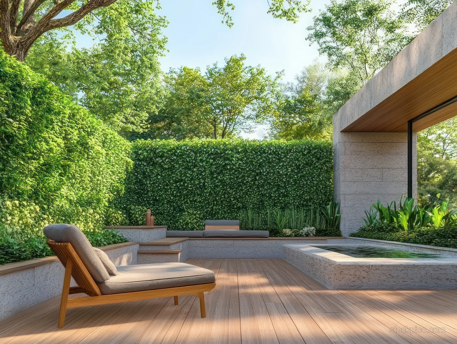 Wooden lounge chair and stone benches sit on a sunlit garden terrace beside trimmed hedges and a modern wall.