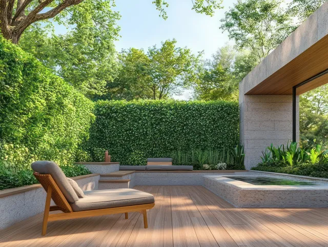 Wooden lounge chair and stone benches sit on a sunlit garden terrace beside trimmed hedges and a modern wall.