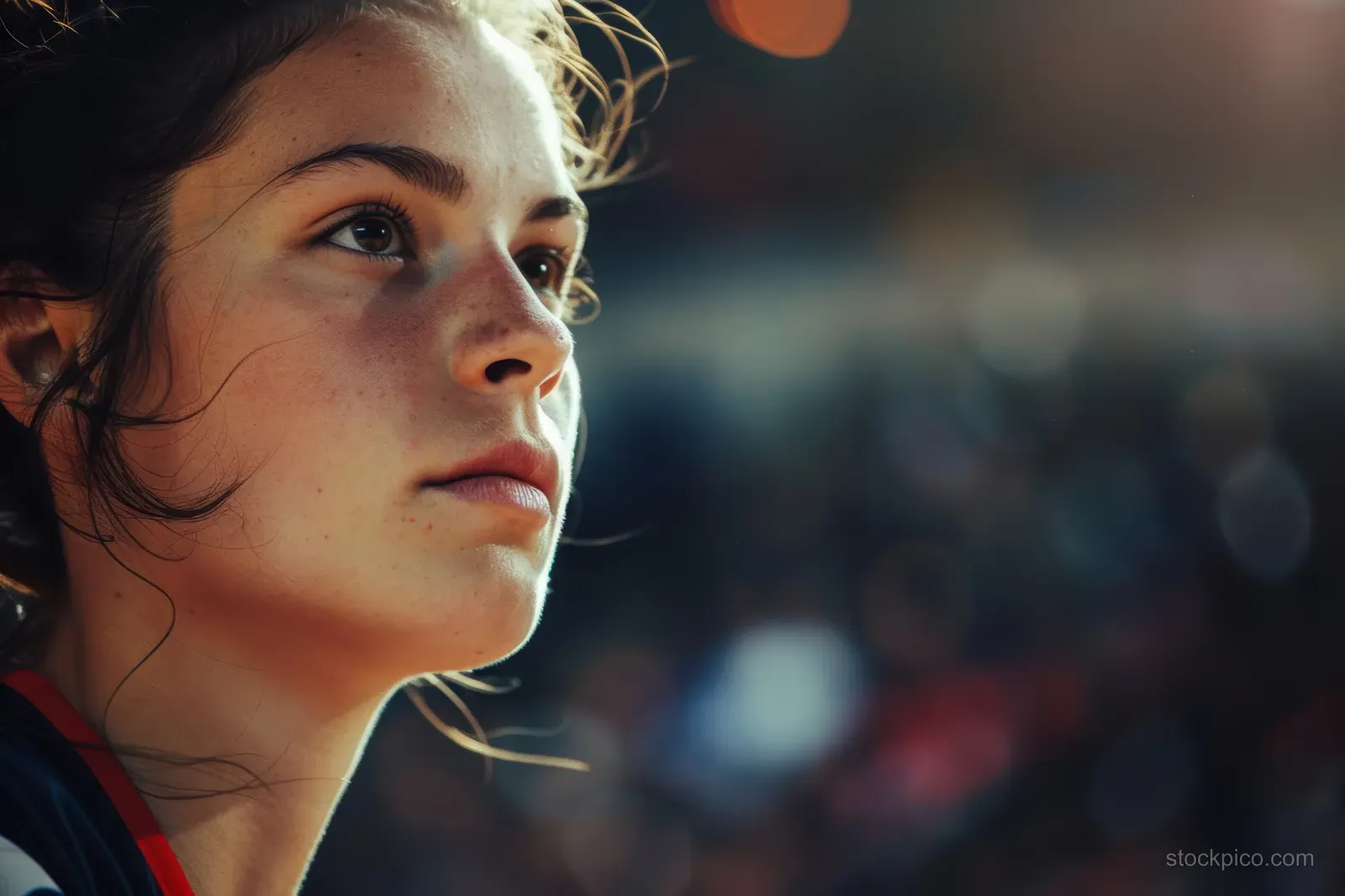 A focused French female handball player is shown in a dramatic close-up with a blurred stadium crowd behind her.