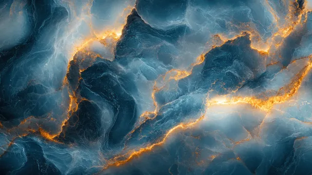Blue marble slab with glowing gold veins forming dramatic natural stone patterns