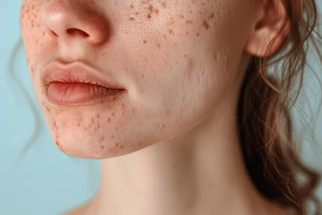 Woman in closeup with visible acne blemishes on chin and neck against a soft blue background.