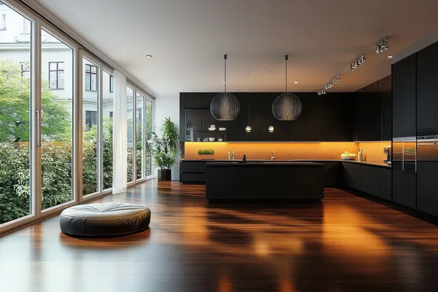 Open-plan kitchen and living room with black cabinets, pendant lights, and sunlit hardwood floors.