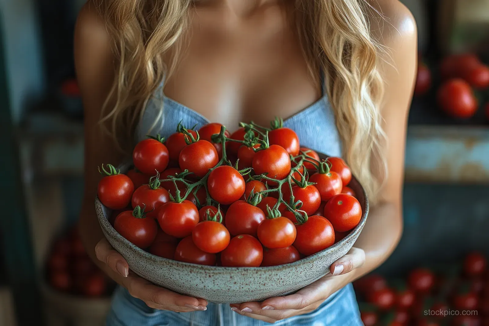 Smiling woman holds a ceramic bowl packed with fresh cherry tomatoes in a home kitchen.