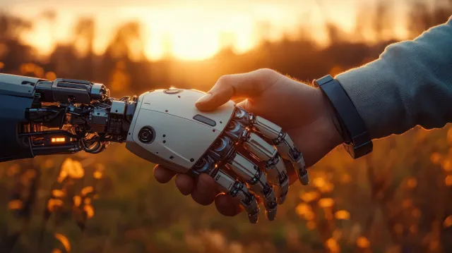 Human and robot hands handshake over a sunset farm field with glowing sensors