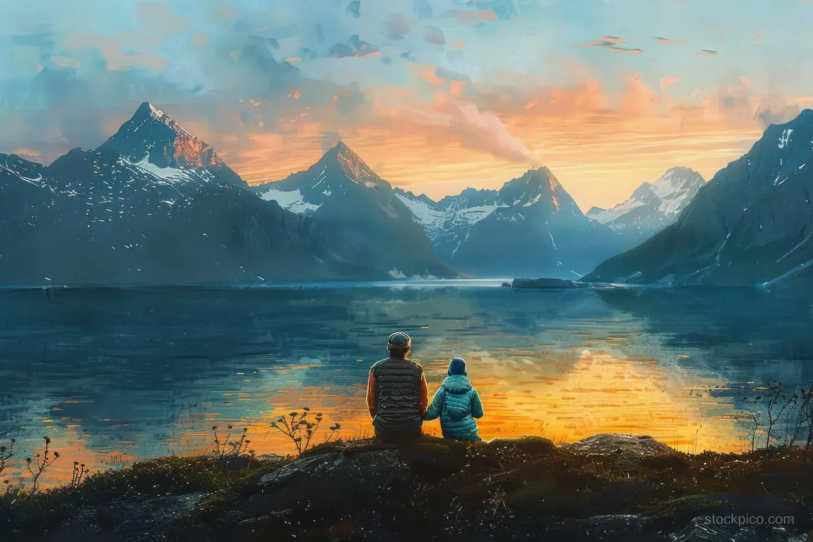 Two people sit on a grassy hill watching a calm lake at sunset with snow-capped mountains behind them.