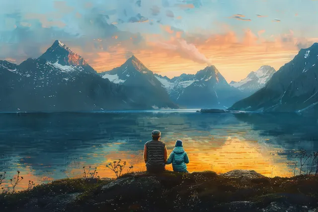 Two people sit on a grassy hill watching a calm lake at sunset with snow-capped mountains behind them.