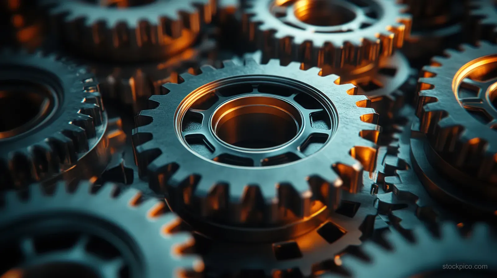 Metal gears and cogs piled together on a dark surface with warm highlights.