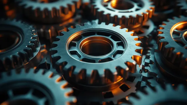 Metal gear heap with gears and cogs on a dark factory surface