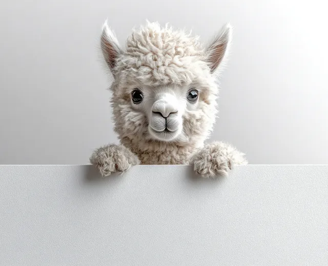 Fluffy white alpaca peeking over blank surface with curious gentle face close-up