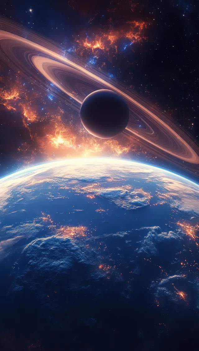 Blue planet with city lights beneath a ringed world in glowing nebulae