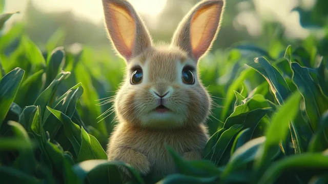 Curious young brown rabbit with big blue eyes nestled in green leaves