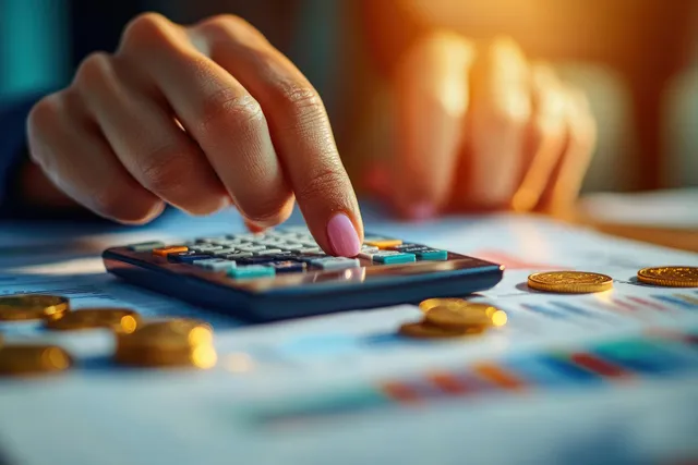 Black woman hand calculating taxes at desk with calculator, coins, and paperwork