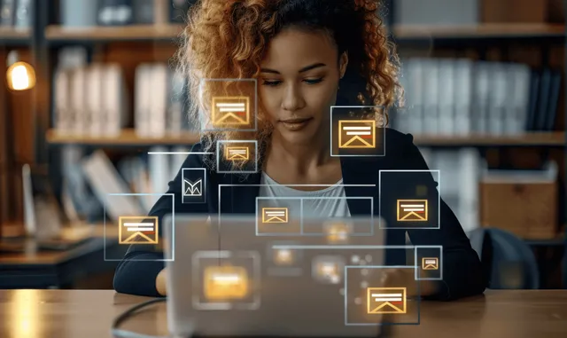 Businesswoman typing on a laptop with floating document icons and data flow in front of an office desk.