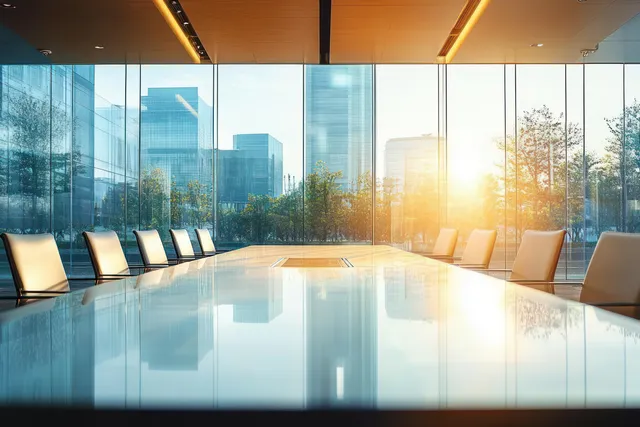 Empty boardroom with long conference table and panoramic windows casting warm sunlight and city views.