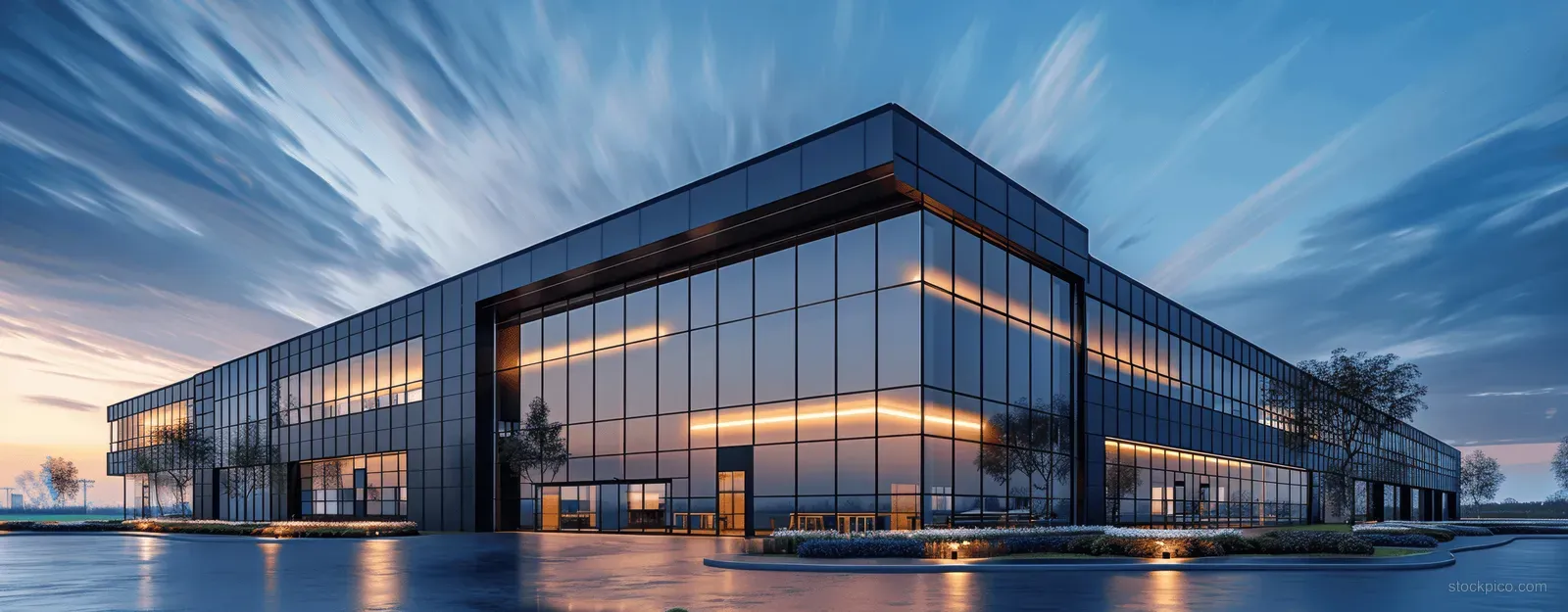 Modern logistics research facility with a glass facade illuminated at blue hour twilight and empty parking lot.