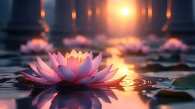Pink water lilies float on a calm pond, their petals reflecting the sunset light across gentle ripples.