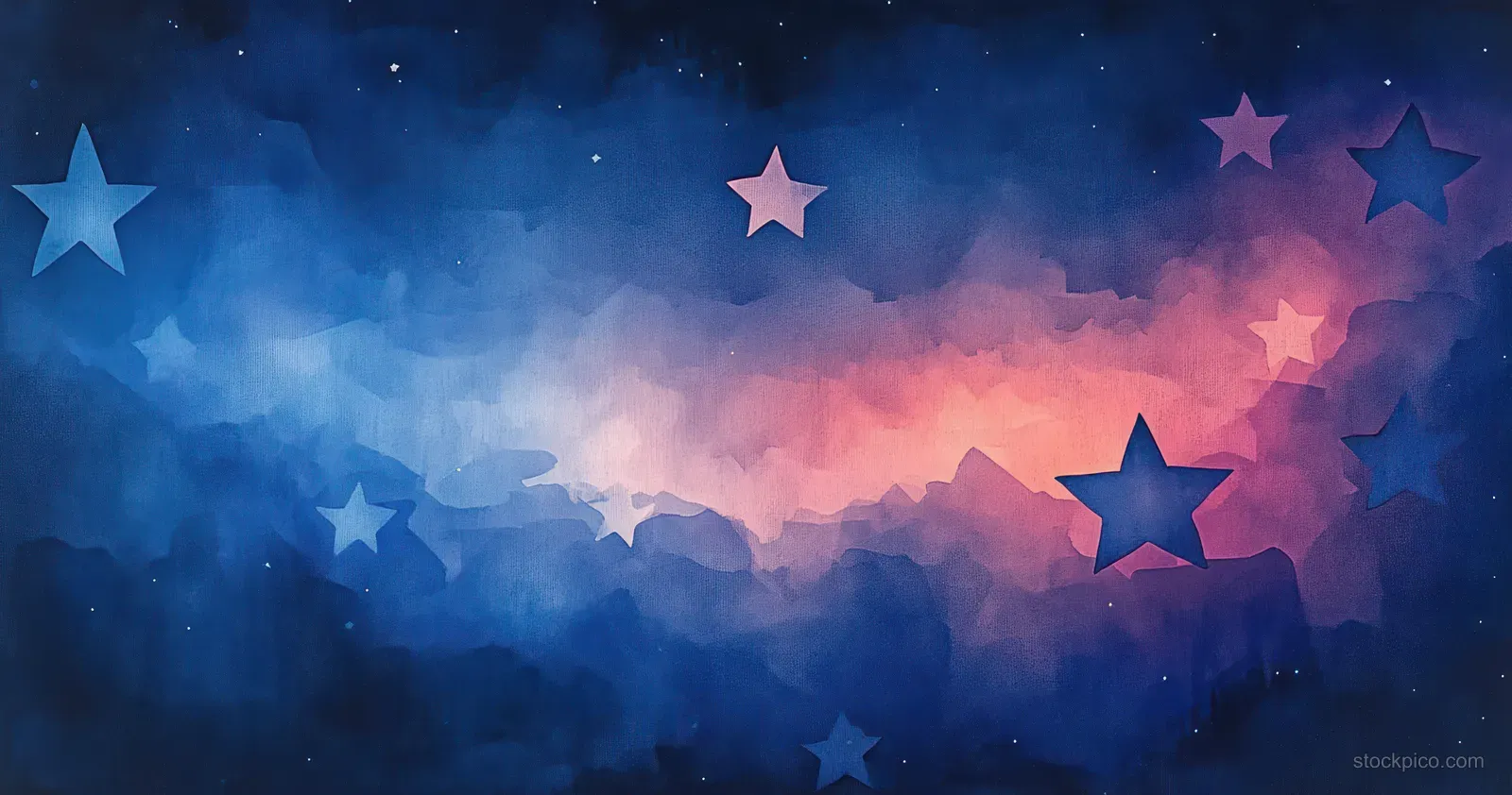 Abstract watercolor night sky background with blue and pink mist blending and glowing stars scattered across the scene.
