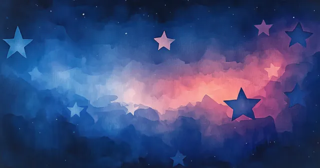 Dreamy watercolor night sky with glowing stars and soft misty nebula blending