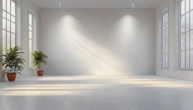 Minimalist white studio interior with soft spotlight lighting and a smooth grey floor surface.