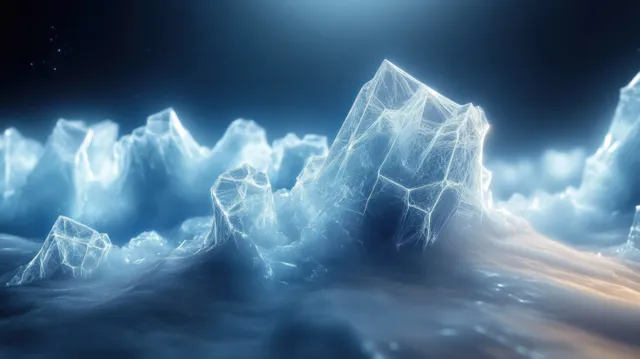 Blue glowing ice crystal forms rise through mist over a dark ground beneath a starry night sky.
