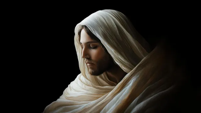Jesus Christ portrait wrapped in flowing white fabric against a dark background with soft chiaroscuro lighting.