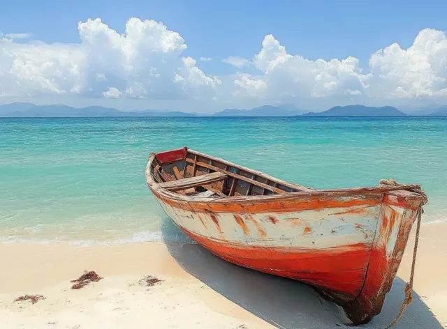 A weathered wooden boat sits on a sandy beach beside turquoise water with mountains in the distance under white clouds.