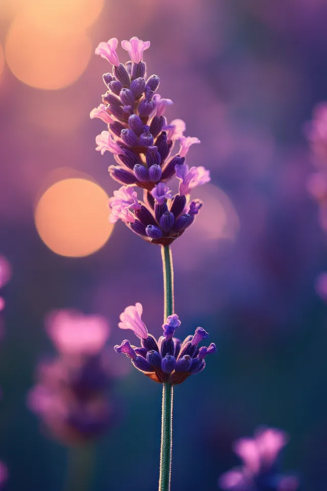 Macro lavender blossoms in soft evening light, glowing bokeh background