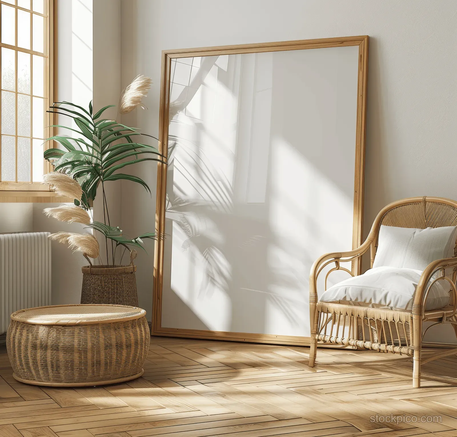 Blank wooden poster frame leaning near a sunlit window beside a wicker chair and potted plant on a wooden floor.