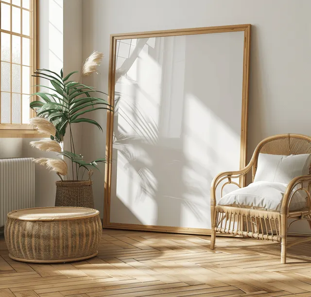 Blank wooden poster frame leaning near a sunlit window beside a wicker chair and potted plant on a wooden floor.