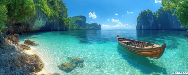 Traditional long-tail boat floating on turquoise beach bay between lush limestone cliffs in Thailand