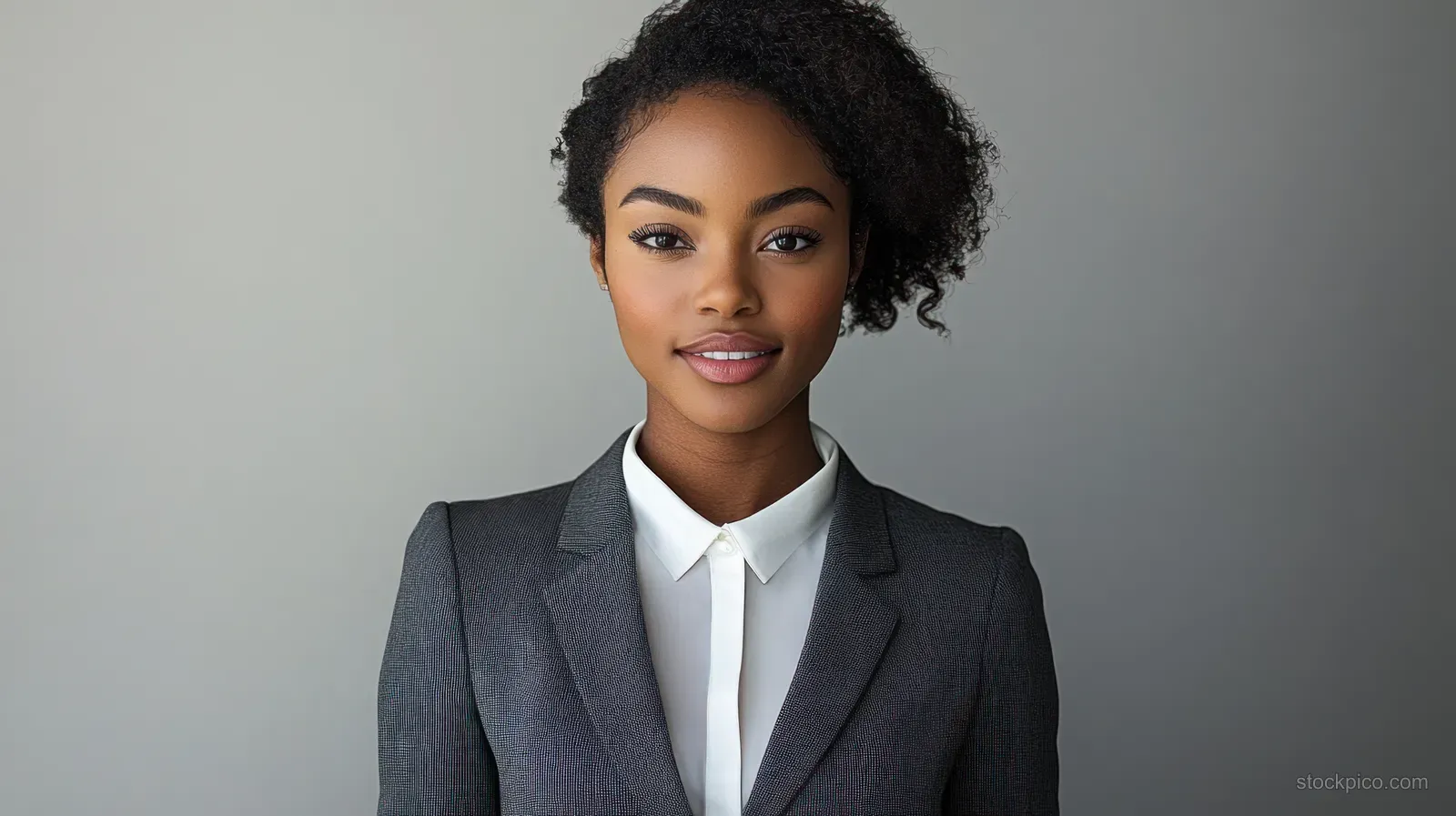 Young woman smiling in a grey blazer and white collared shirt during a studio portrait against a plain grey background.