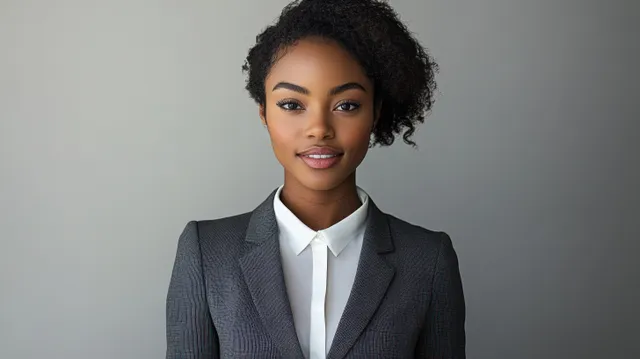 Confident young woman smiling in grey blazer and white shirt against plain studio grey background