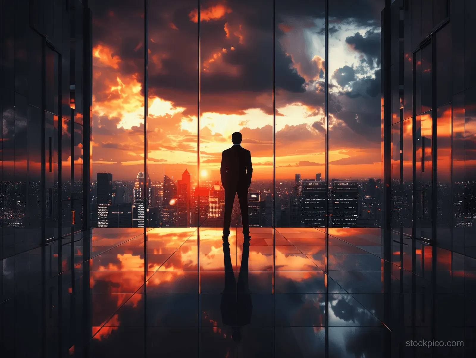 Silhouetted businessman stands in front of glass panels, overlooking a sunset city skyline with mirrored reflections.
