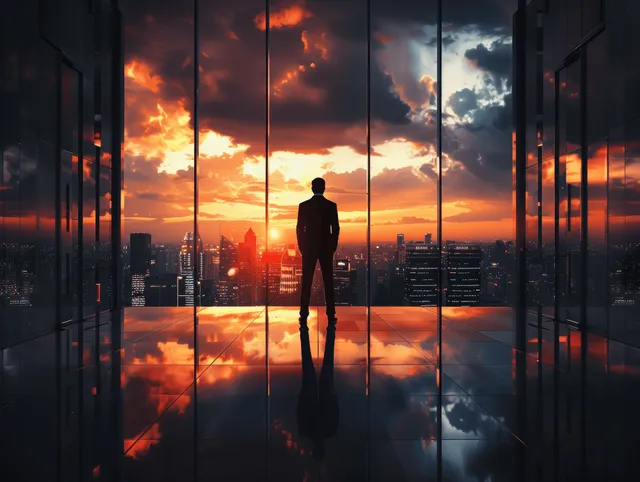 Silhouetted businessman stands in front of glass panels, overlooking a sunset city skyline with mirrored reflections.