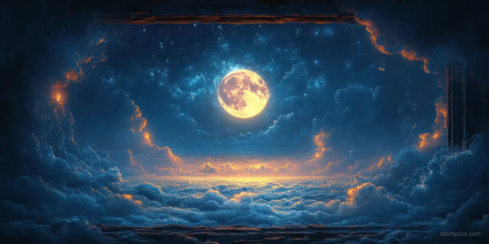 A full moon glows above misty clouds and a dark cliff at night.