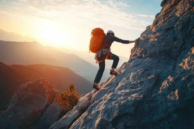 Climber climbs a rugged rock wall in golden-hour backlight with a backpack and mountain skyline below.