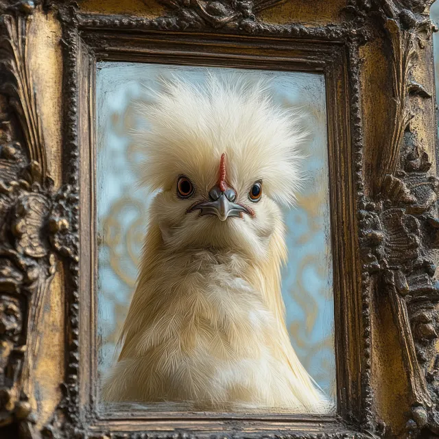White crested bird portrait with intense eyes inside an ornate gold vintage frame on a blue patterned background.