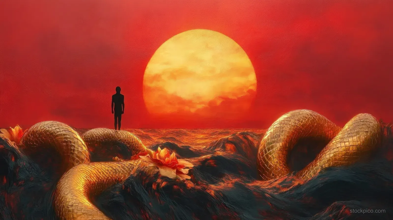 A silhouetted figure stands on a golden coiled serpent above dark turbulent water under a large orange sun.