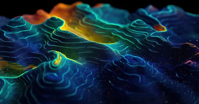 Neon glowing contour lines trace a 3D topographic landscape with mountain ridges and colorful terrain shading.