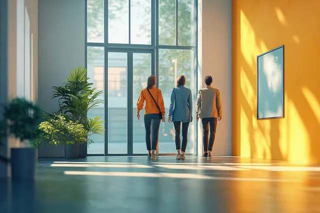 Family members walk inside a bright modern home toward large windows and warm sunlight on the floor.
