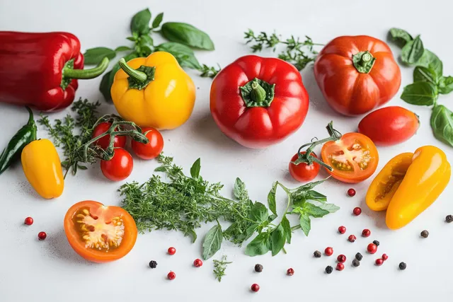 Colorful peppers, tomatoes, herbs, and scattered peppercorns arranged on white background