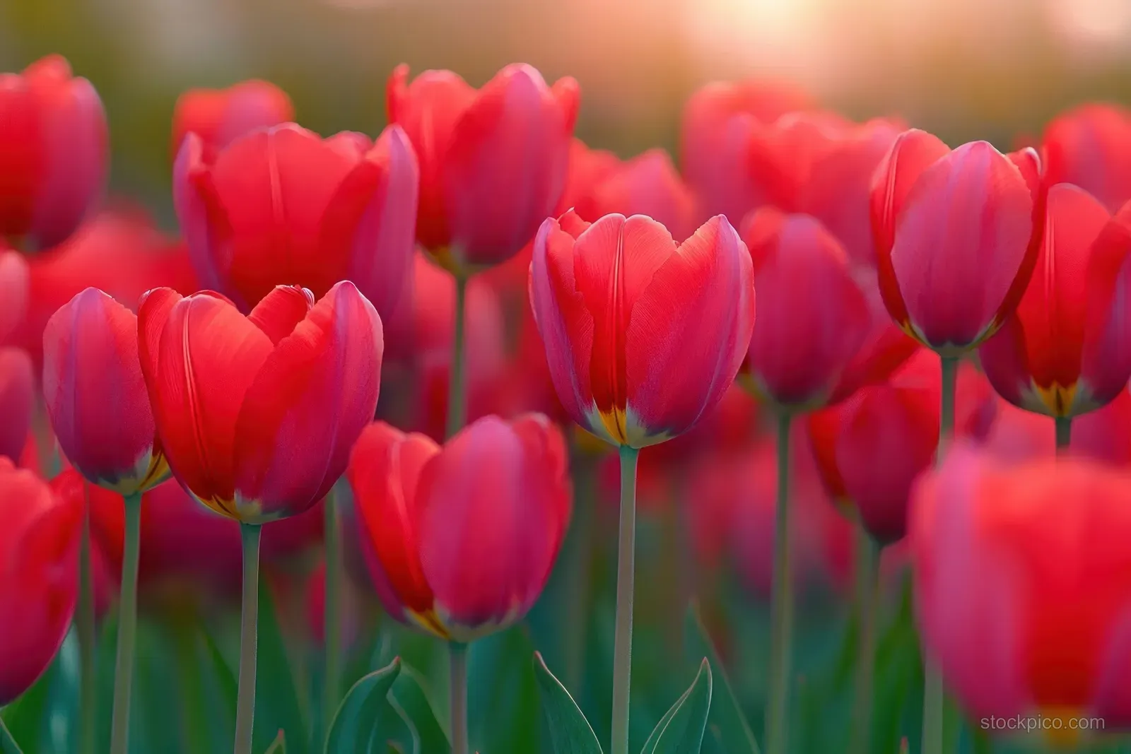 Bright red tulips with green stems sway in soft sunlight against a warm blurred spring garden background.