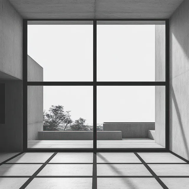 Minimalist interior with grid window casting geometric shadows over concrete floor and terrace view