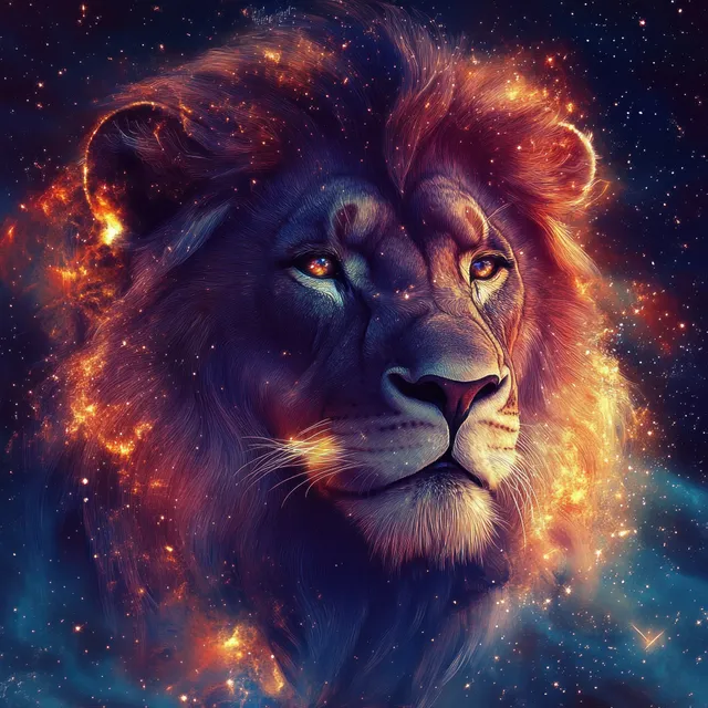 A lion portrait with a fiery glowing mane blending into a cosmic, star-filled background.