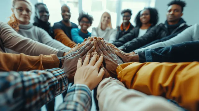 People in a circle hold their hands together in a stacked unity gesture indoors.