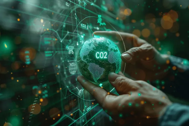 Hands hold a glowing CO2 sphere over a digital net-zero carbon emissions data grid