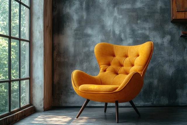 Vintage mustard armchair by window with soft natural light and textured gray wall
