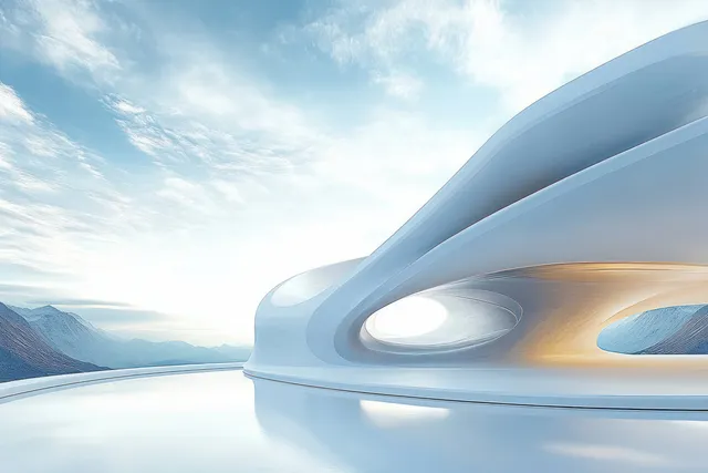 Minimal futuristic concrete garage interior with curved openings and soft natural daylight spilling across empty floor.