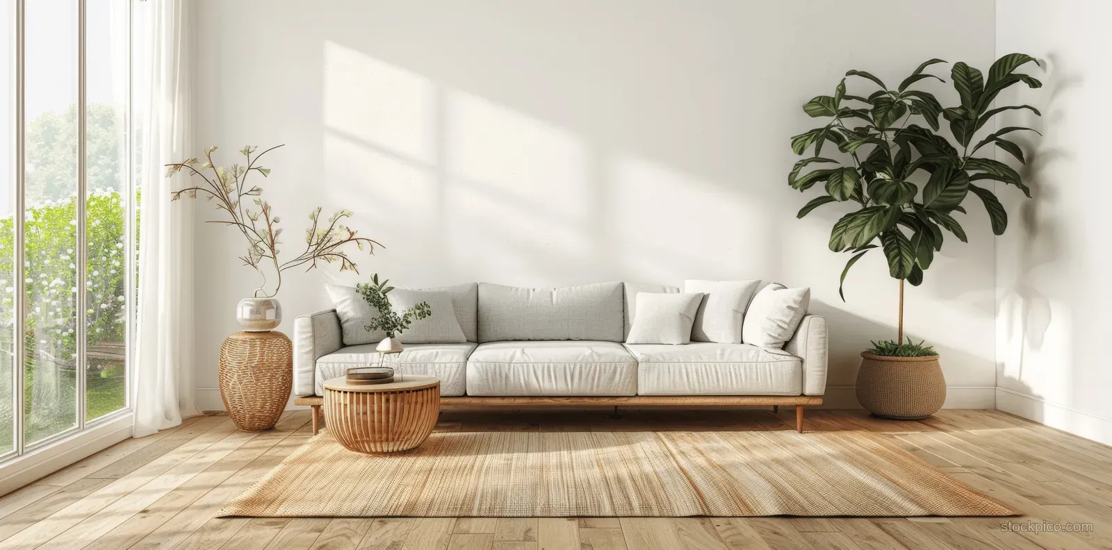Minimal Scandinavian living room with a light sofa, wooden floor, large window, and potted plant in bright daylight.